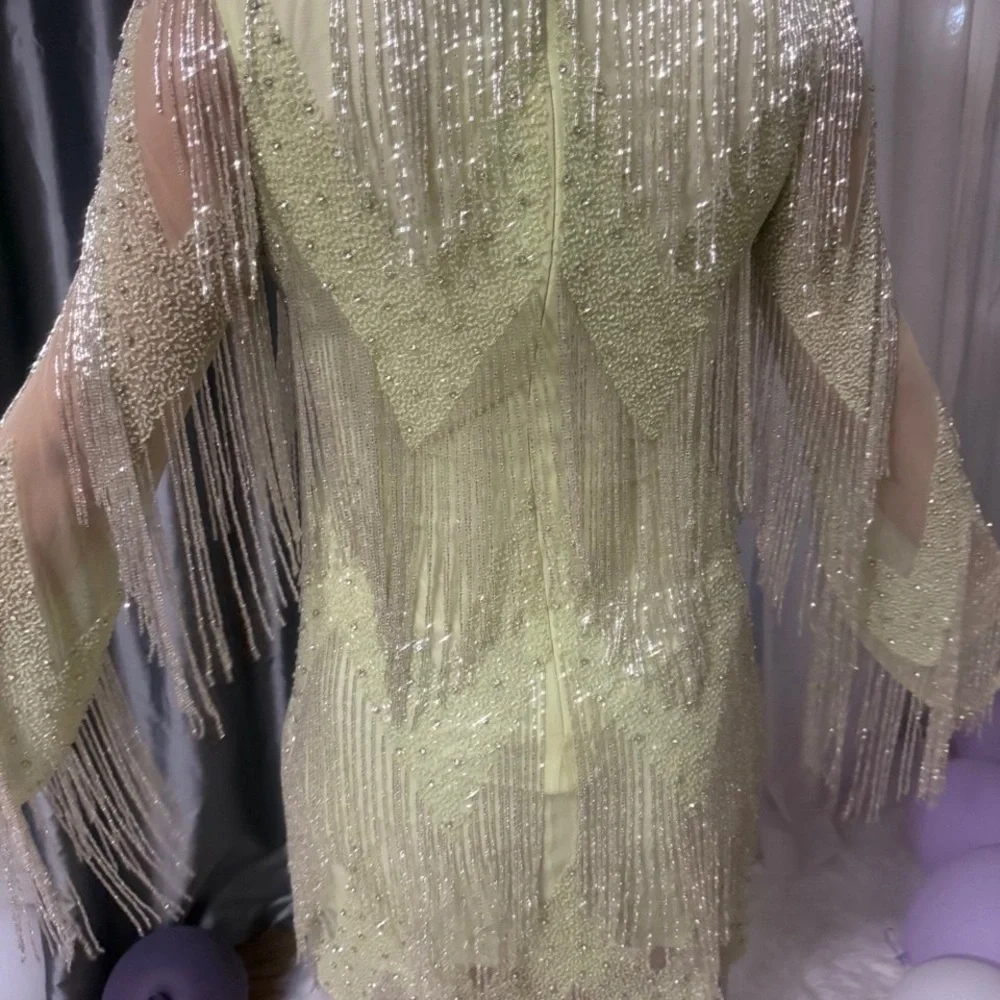 Rachel Gilbert Sequin Long Sleeve Dress in Cream and Silver - Picture 8 of 12